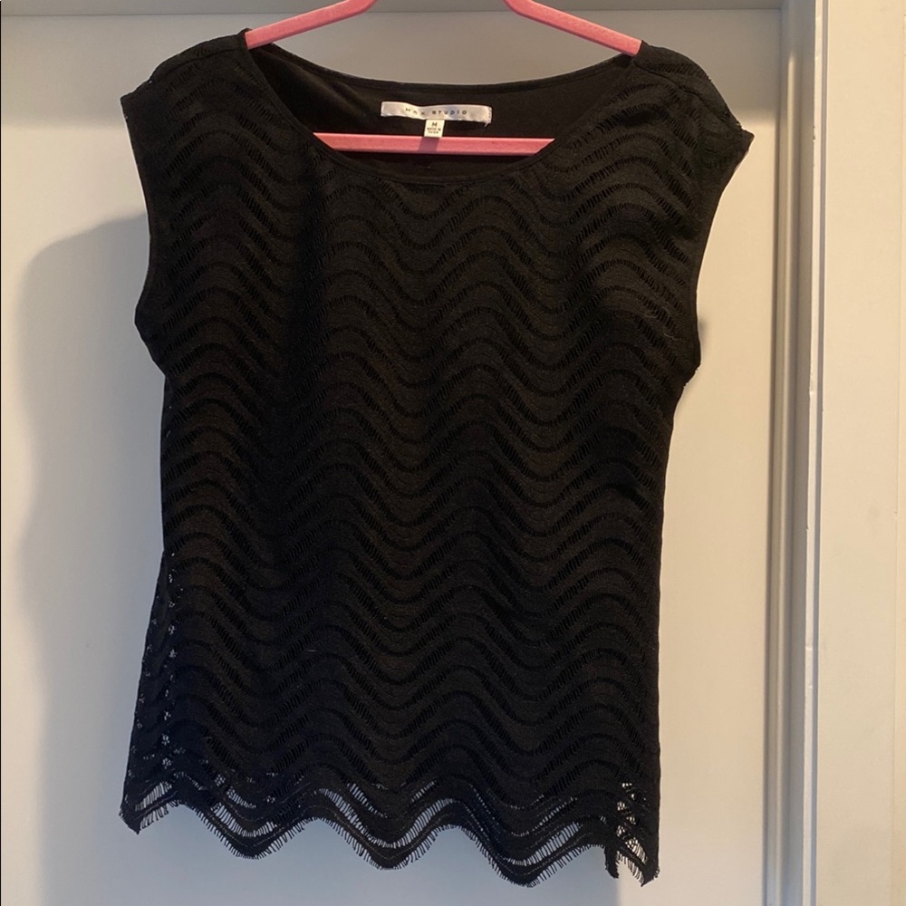 Max Studio Black Blouse with Intricate Lace Design